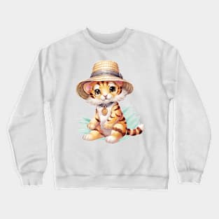 Bengal Tiger in Straw Hat Crewneck Sweatshirt